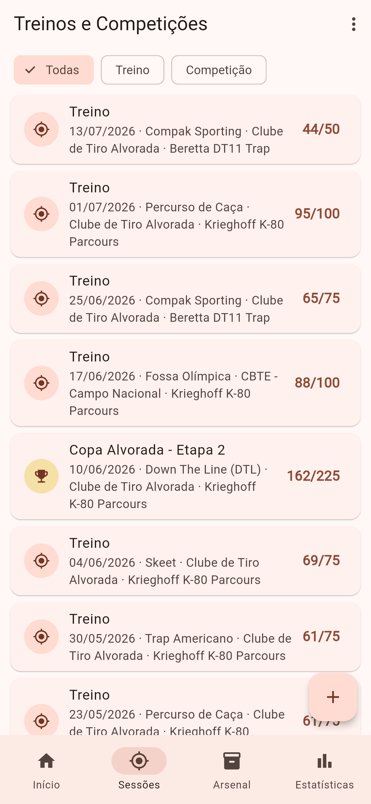 Lista de treinos e competições com resultados